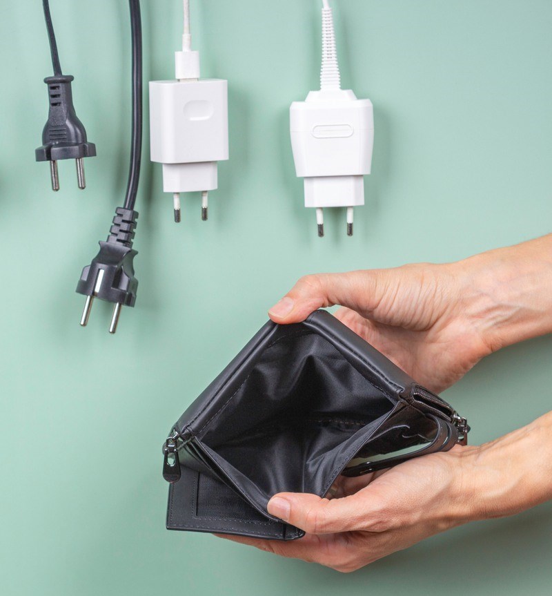 Many power cable cords hanging over empty open wallet in woman hands. Electric power consumption, electricity cost, and expensive energy concept